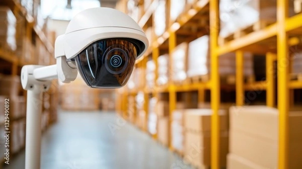 Fototapeta A security camera is mounted in a warehouse, overlooking boxes stored on shelves, ensuring safety and monitoring of the area.