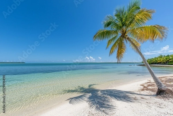 Fototapeta Palm tree is on a beach with a clear blue sky