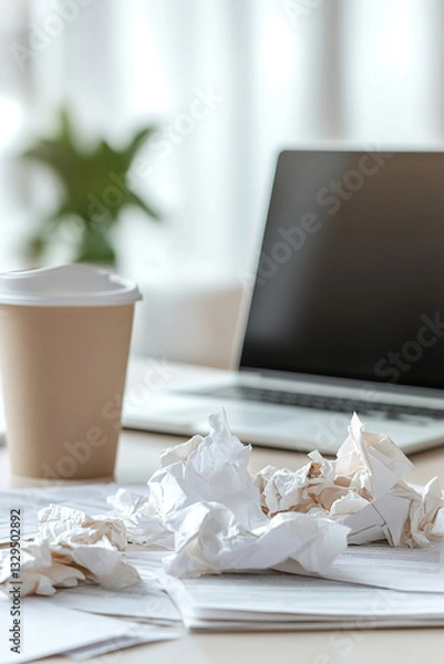 Obraz The desk shows a chaotic home office atmosphere with crumpled papers scattered around, an overflowing trash can, and coffee stains. A blurred laptop hints at ongoing work