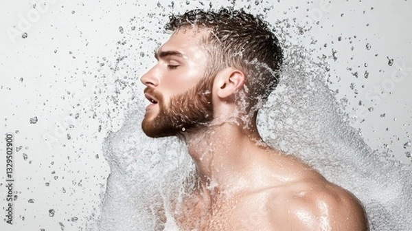 Fototapeta Rugged man demonstrates commitment to skincare routine by washing his face with foaming cleanser in a refreshing water splash setting