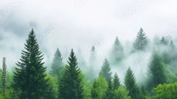 Fototapeta Mist-Kissed Forest: A tranquil scene unfolds with evergreen trees shrouded in a mystical, ethereal mist, capturing the raw, untamed beauty of the natural world.