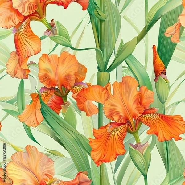 Fototapeta Vibrant orange iris flowers with green leaves in a backdrop repeating pattern on a soft mint background for floral design projects in watercolor style. Cheerful seamless tile in spring concept.