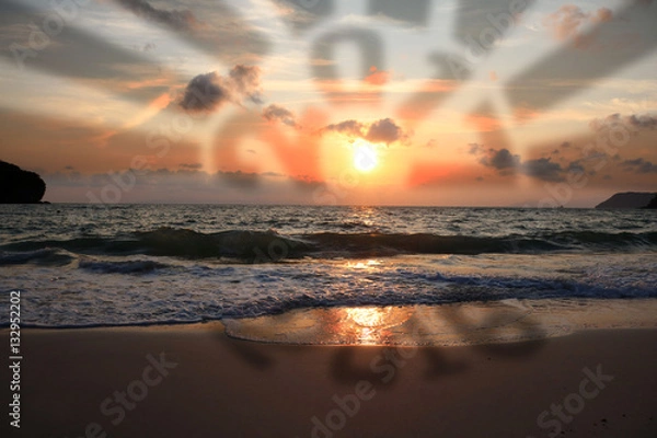 Obraz New year backgrounds with number 2016-2017 with sunrise on the beach. 