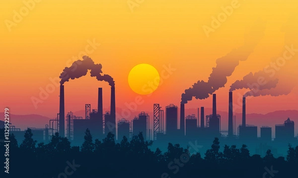 Obraz Industrial sunset labour day reflection cityscape digital artwork urban environment silhouette viewpoint celebrating workers contributions