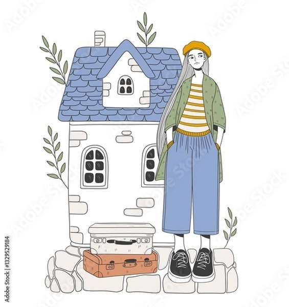 Fototapeta Minimalist flat-style illustration of a young woman standing in front of a cozy house with suitcases. Warm earthy color palette, travel and adventure theme