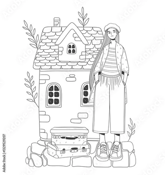 Fototapeta Minimalist flat-style illustration of a young woman standing in front of a cozy house with suitcases. Warm earthy color palette, travel and adventure theme