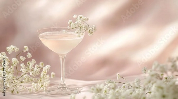 Fototapeta An elegant glass with a refreshing cocktail, adorned with a sprig of gypsophila flowers, set against a soft, light background