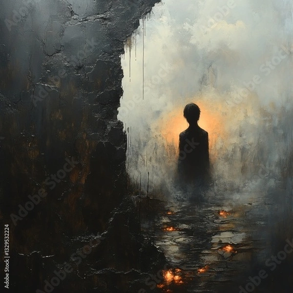 Fototapeta a solitary silhouette of a person, enveloped in mist and standing before an atmospheric portal of light