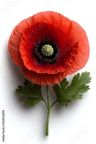 Fototapeta one poppy flower isolated on a white background, poppies on a stem, poppy red color, poppy bloom, poplar flower