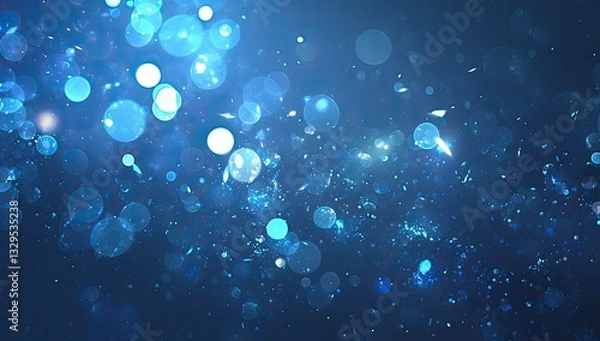 Fototapeta Sparkling blue bokeh background with glowing particles