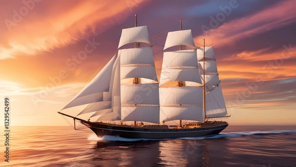 Fototapeta A majestic sailing ship with fully unfurled white sails glides through the open ocean during a breathtaking sunset