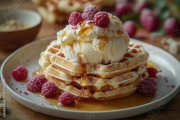 Fototapeta Delicious waffles topped with ice cream raspberries and syrup on a plate