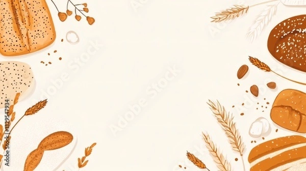 Obraz Assorted breads and wheat stalks frame a blank cream-colored space for a bakery advertisement