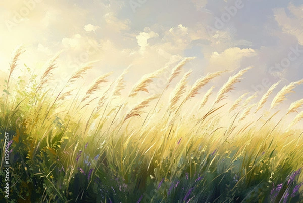 Fototapeta Golden hour sunlight illuminates tall grasses swaying gently in a summer meadow.