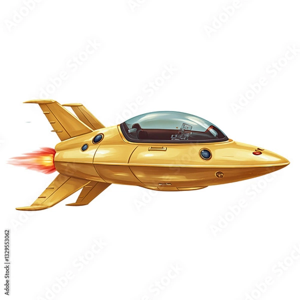 Fototapeta retro-futuristic ilustration of a yellow spaceship with a glass bubble cockpit