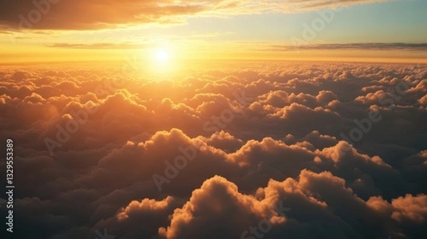 Fototapeta Ethereal Aerial View of Majestic Golden Hour Cloudscape with Dramatic Light Rays Breaking Through Stratosphere