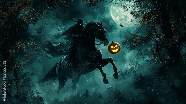 Fototapeta Headless horseman galloping through a moonlit forest, carrying a glowing pumpkin, dark fantasy style, dramatic lighting, high contrast, detailed illustration