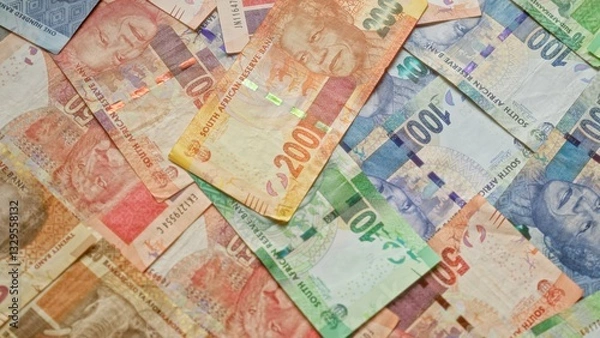 Obraz Various south african rand banknotes featuring mandela laid out in a scattered arrangement with vibrant colors, highlighting the diverse denominations of south africa's currency.