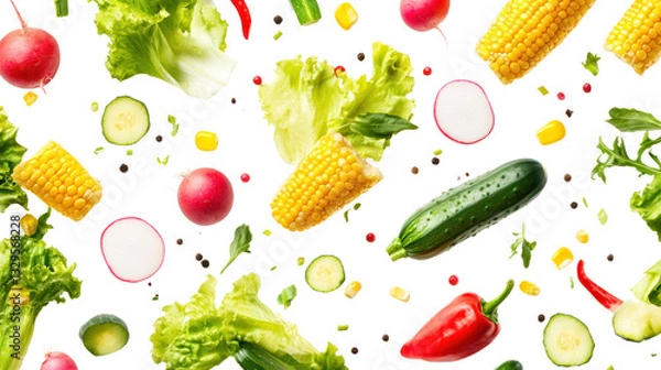 Fototapeta A vibrant assortment of fresh vegetables, including lettuce, peppers, cucumbers, corn, and radishes, on a white background.
