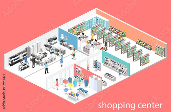 Obraz isometric interior shopping mall, grocery, computer, household, equipment store.