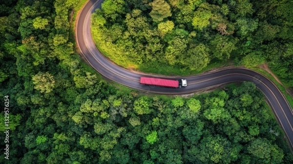 Fototapeta Heavy truck winding through a narrow mountain road, surrounded by lush forests, under dramatic natural light.