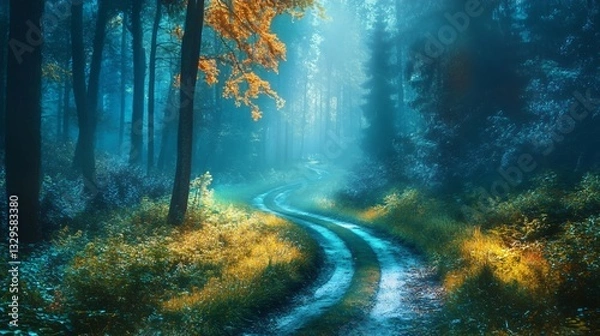 Obraz Enchanting Pathway Through Mystical Woods: Fantasy Forest Landscape