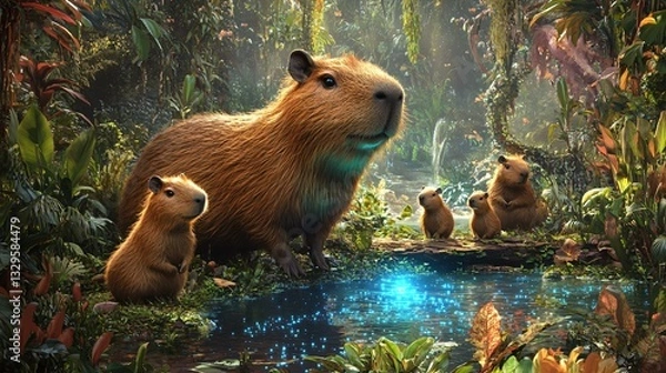 Obraz Capybaras Gathering in Vibrant Rainforest Habitat - Stunning Wildlife Capture