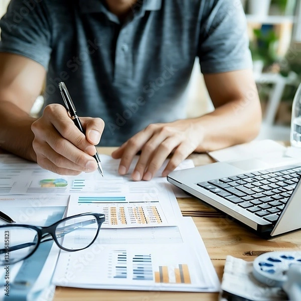 Fototapeta Accountant analyzing tax revenue exemptions office financial report professional environment close-up view