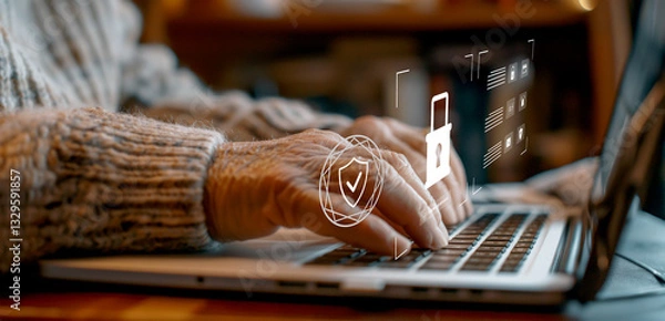 Fototapeta An elderly person's hands typing on a laptop, with a security interface overlay, symbolizing data protection, privacy, and safe online interaction. Generative ai illustration.