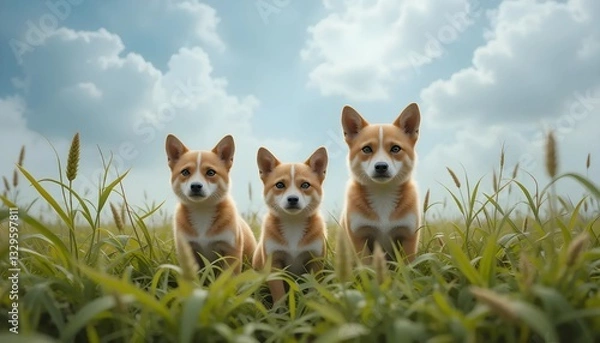 Fototapeta Three Adorable Fox-Like Puppies in a Green Field Under a Cloudy Sky