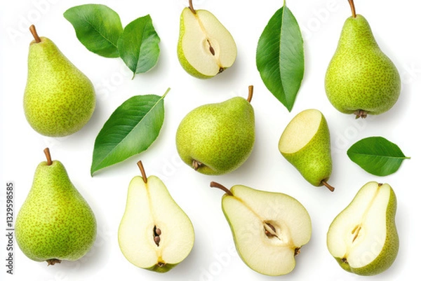 Fototapeta Pears with leaves on white background.