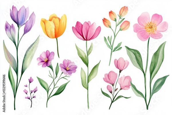 Fototapeta Watercolor, Set of Spring Flowers, cute illustration, clipart, simple, white background