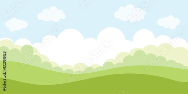 Fototapeta Scene nature, field in the distance plants, cloudy sky. Vector illustration.