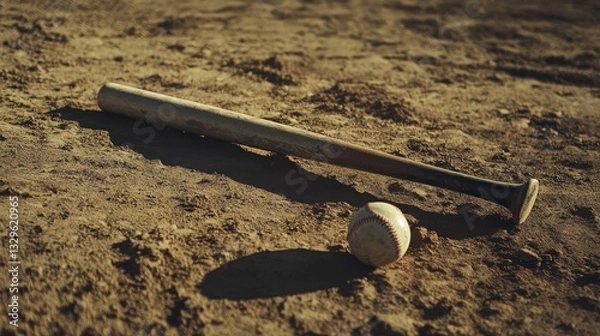Fototapeta A baseball bat resting on a dirt field with a ball beside it.