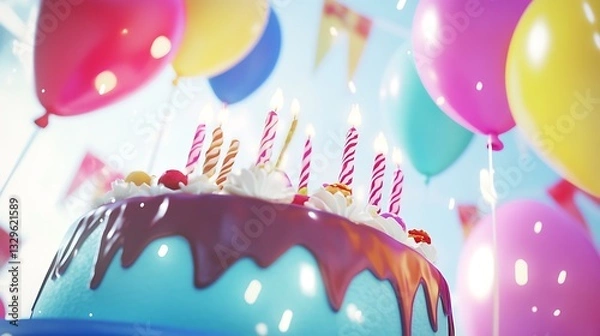 Obraz Celebrate birthday cake in party, with balloons.