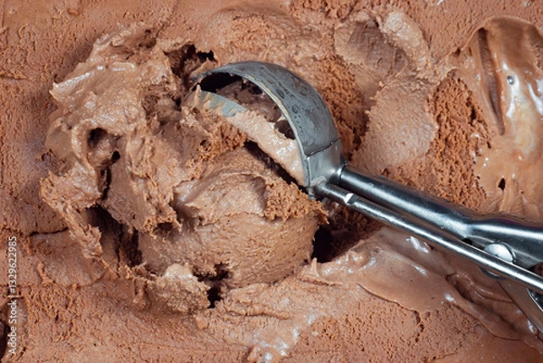 Fototapeta Scoop of chocolate ice cream with scoop, close-up