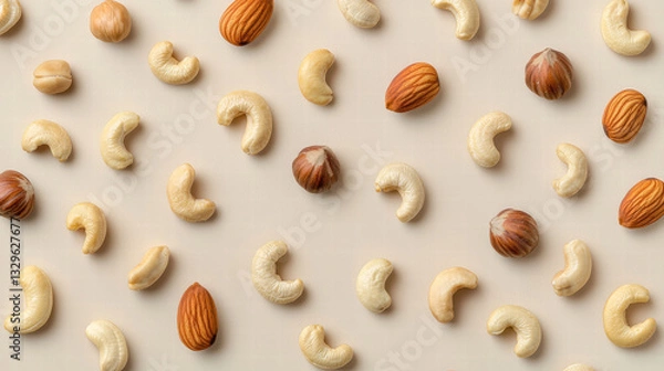Obraz Nuts scattered on light background, including cashews, almonds, and hazelnuts, create visually appealing pattern