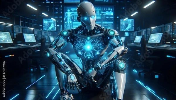Fototapeta “Futuristic AI-powered humanoid robot with glowing blue circuits, sitting in a high-tech laboratory, ultra HD, cyberpunk aesthetic, cinematic lighting.”