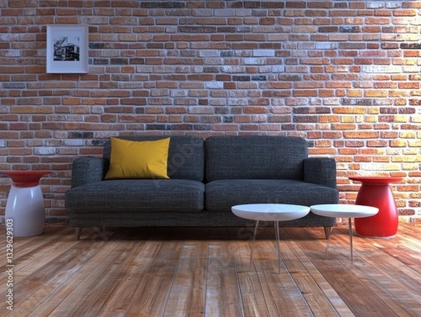 Fototapeta Modern living room with gray sofa, red and white side tables, and brick wall.