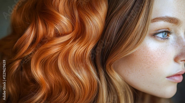 Fototapeta Close-up of a woman vibrant red and brown wavy hair, showcasing contrast and texture