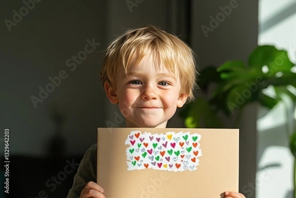 Fototapeta Cheerful child holds decorated envelope with colorful heart stic