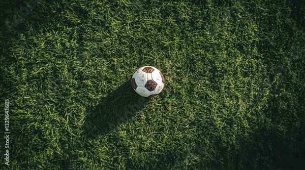 Fototapeta A football placed on a grass field, ready for the next play.