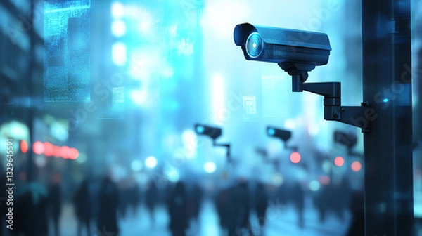 Fototapeta Surveillance camera in a busy urban setting.