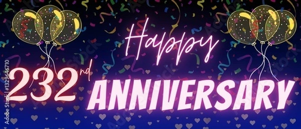 Fototapeta 232nd anniversary neon calligraphy text and number. Confetti and balloon isolated on elegant blue gradient background, sparkle, design for greeting card, print. Two hundred thirty two anniversary