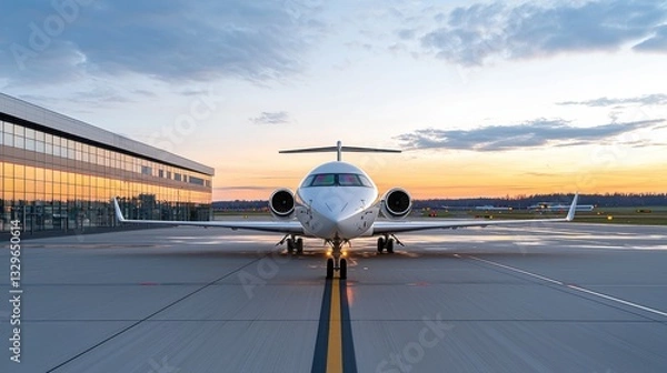 Fototapeta Sleek and modern jet aircraft parked on the of an airport terminal at sunset  The plane s wings and tail are in focus with the hangar and cloudy sky in the background
