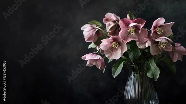 Fototapeta A moody floral still life featuring hellebores in a sleek glass vase against a black canvas.