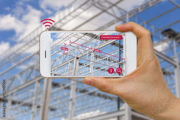 Fototapeta Application of Augmented Reality in Construction Industry Concept Measuring Dimension of Steel Structure