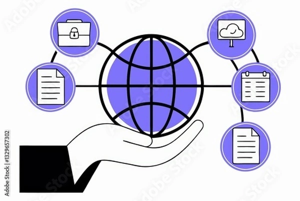 Fototapeta A graphic depicting a hand holding a globe connected to various icons representing data, security, and cloud services.