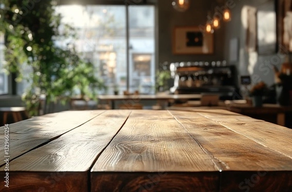 Fototapeta Empty wooden cafe table, sunny day, blurred background, product display