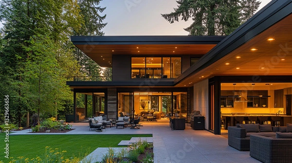 Fototapeta Modern Luxury Home with Spacious Patio at Sunset, Embracing Golden Hour Warmth and Elegance
